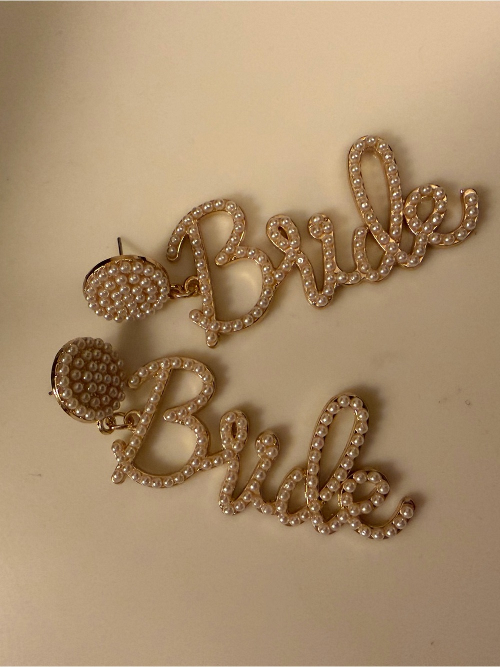Pearl 'Bride' Script Drop Earrings - Gold Tone